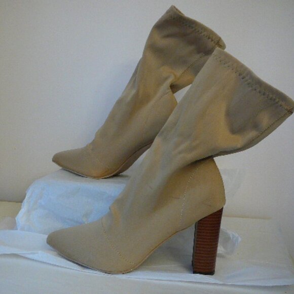 Tan Fabric Slip On Mid-Calf 3.75" Chunky Heeled Boots-US 10.5, Size 41-Read Desc - Picture 2 of 7
